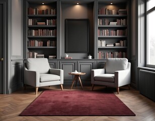Contemporary library interior featuring gray shelving filled with books, facing two light gray armchairs. Rich maroon rug covers hardwood floor. Room evokes comfort, sophistication with classic