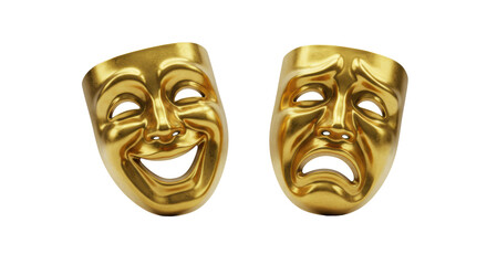 Highly detailed, polished golden comedy and tragedy masks, side-by-side on a reflective white studio surface, soft lighting. Concept of strategic business duality