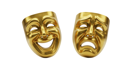 Highly detailed, polished golden comedy and tragedy masks, side-by-side on a reflective white studio surface, soft lighting. Concept of strategic business duality