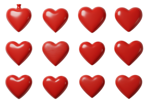 Twelve distinct vibrant red heart objects (ceramic, wood, paper, 3D shapes) on transparent with copy space, soft studio light, flat lay. Concept of love, care & quality