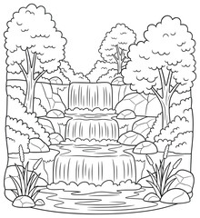 Black and white waterfall scene illustration with cascading water, rocks, trees, and plants designed for relaxing coloring book pages
