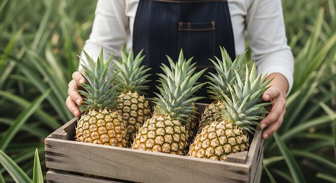 Person in apron holding wooden crate filled with fresh pineapples in field fruit tropical