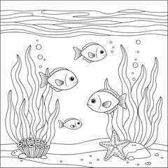 Black and white underwater scene illustration with fishes, seaweed, bubbles, starfish, and coral perfect for ocean-themed coloring book pages