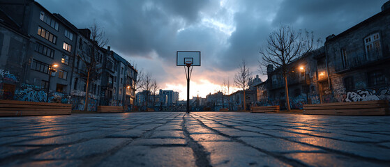 Urban basketball court under dramatic sky