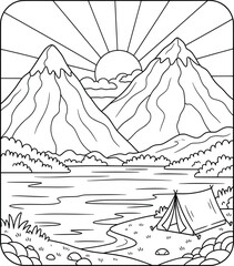 Black and white mountain landscape illustration with sunrise, river, and camping tent perfect for outdoor nature and adventure coloring book pages