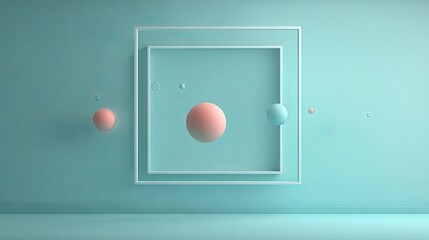 Pastel-toned spheres float within nested white frames against a mint-green backdrop.