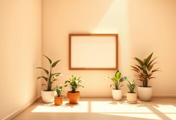 Sunlit minimalist beige room, potted plants, empty frame,  display,  light