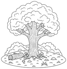 Black and white forest illustration featuring a large tree, mushrooms, grass, and a log perfect for nature and outdoor coloring book pages
