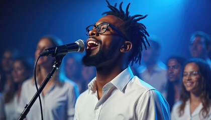 Young Black man with dreadlocks, glasses sings passionately into microphone on stage with choir. Blue lighting, gospel music performance, joyful worship. Enthusiasm, talent, inspirational concert,