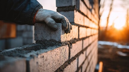 Construction Worker Laying Bricks At Sunset