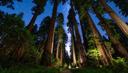Redwoods tower beneath a starry night
