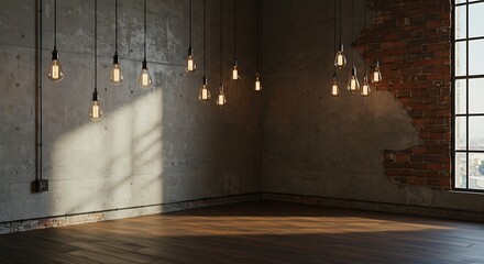 Interior of an empty industrial loft style room with concrete walls, wooden floor, and vintage hanging light bulbs.