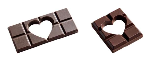 Dark chocolate bar with a heart-shaped cut-out in the center on transparent background