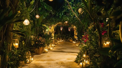 Lighted pathway, tropical garden at night