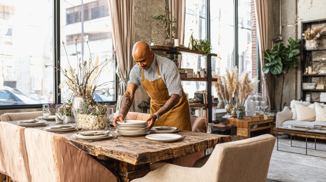 A middle-aged Black man arranges plates on a rustic wooden table in a cozy small business setting. The space features large windows and stylish decor.