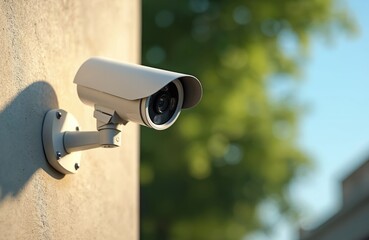 Security camera mounted on textured wall, capturing daytime exterior. Modern CCTV equipment provides surveillance, monitoring, safety for urban environments, private properties. Detects motion,
