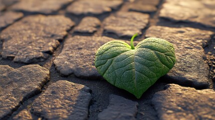 Heart Leaf on Cobblestone. Vibrant Green Hope in Stone Pavement Amidst Urban Grit