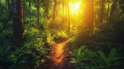 Fototapeta premium Sunlit jungle path. Lush green trees and ferns frame a dirt path
