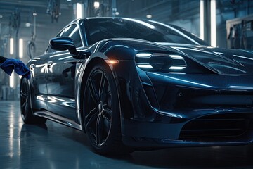 Glossy Dark Blue Electric Car Detailing In Showroom