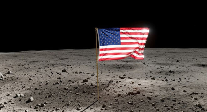 American flag planted on the moon surface with a dark sky and lunar landscape in the background - Powered by Adobe