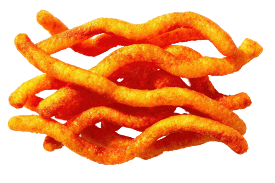 Close-up of a cluster of wavy, orange-red snack strings