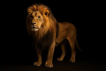 Powerful portrait of a regal African lion emerging from the shadows, its golden gaze fixed on the horizon against a stark black backdrop