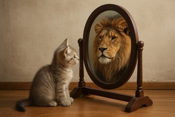 Courageous kitten with the soul of a lion seeing its powerful reflection in a mirror, a metaphor for self-belief and potential