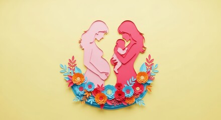 Paper art showing pregnant woman and mother holding baby on yellow background