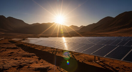 Solar panels in a desert landscape with mountains and a bright sun shining in the clear blue sky