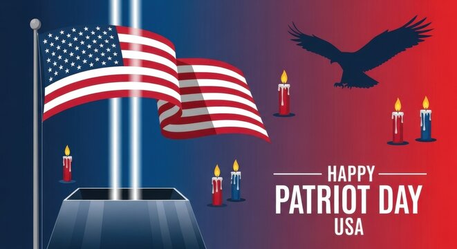 Patriot Day banner with American flag, eagle, and candles, and the text "Happy Patriot Day USA"