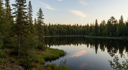 Obraz premium Hidden lake in boreal forest at dusk