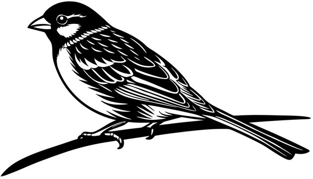 Minimal black silhouette of sparrow, sitting on branch, clean outline, vector style