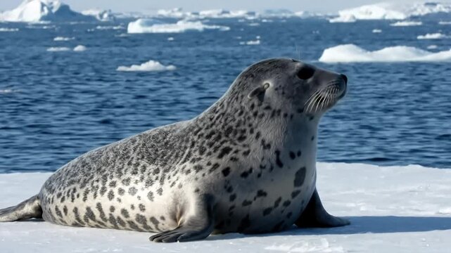 Close up of ringed seal  (Pusa hispida) resting on ice ocean surface,  Arctic Sea, Svalbard, Norway. 
