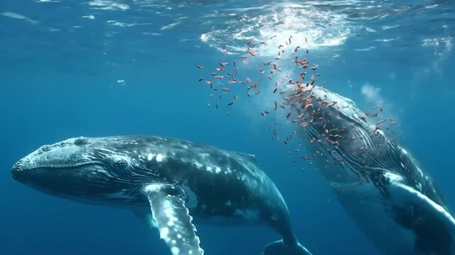 Slow motion of Humpback whales (Megaptera novaeangliae) feeding a swarm of krill, Antarctica
