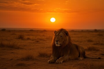 A magnificent male lion with a full mane resting peacefully in the golden glow of a spectacular African savanna sunset
