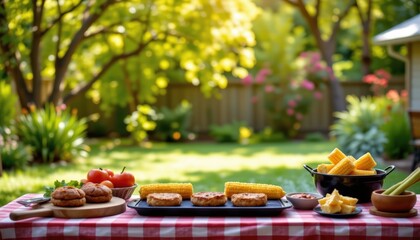 outdoor cookout table set diagonally across the bottom of the frame