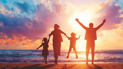 Family Jumping Silhouette At Sunset Beach