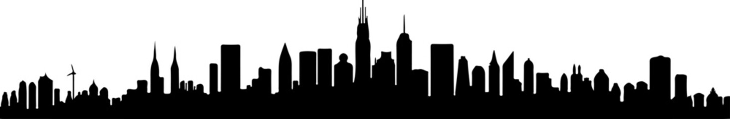 Black vector silhouette illustration of the New York City skyline with iconic skyscrapers at night