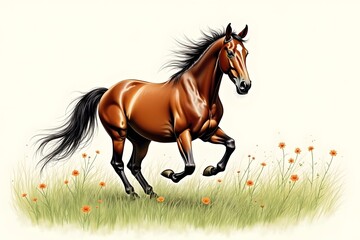 Obraz premium Beautiful brown horse running freely through a lush green meadow with wildflowers in the sunshine