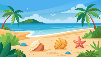 Vector art of idyllic tropical beach with palm trees, calm ocean, and sandy shore, perfect for summer vacation and relaxation