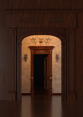 Classic 3D Rendering of an Elegant Door Entrance in Timeless Architecture Style, Featuring Ornate Details, Columns and Refined Interior Design for Luxury Real Estate or Historical Projects