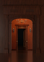 Classic 3D Rendering of an Elegant Door Entrance in Timeless Architecture Style, Featuring Ornate Details, Columns and Refined Interior Design for Luxury Real Estate or Historical Projects