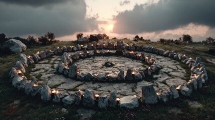 Stone circle ritual at sunset