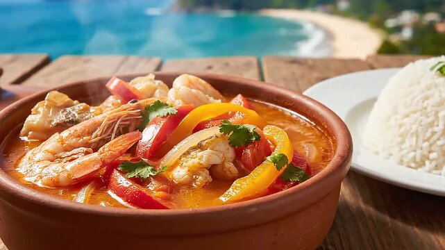 Moqueca and Rice: Traditional Brazilian Seafood Dish by the Ocean