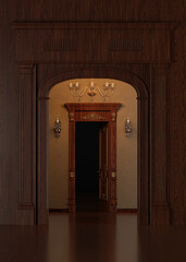 Classic 3D Rendering of an Elegant Door Entrance in Timeless Architecture Style, Featuring Ornate Details, Columns and Refined Interior Design for Luxury Real Estate or Historical Projects