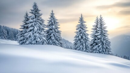 Naklejka premium Snowy mountain landscape with frosted trees