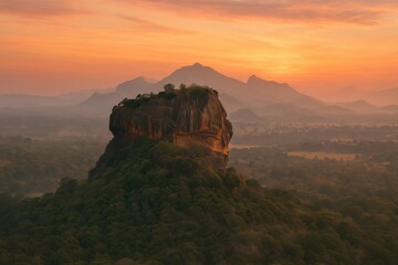 Majestic Sigiriya Lion Rock fortress in Sri Lanka glowing under a spectacular golden sunrise over the jungle