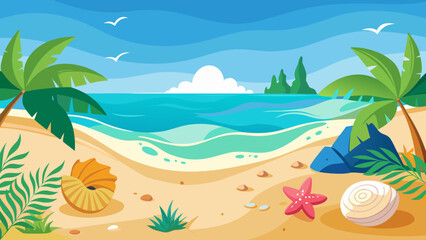 Fototapeta premium Vector art of idyllic summer beach with gentle waves, palm trees, and unique shells scattered on the golden sand, evoking a sense of tropical escape