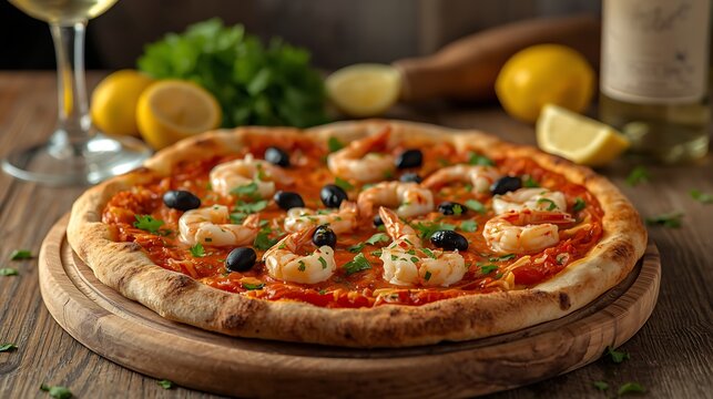 Delicious seafood pizza with shrimp olives and fresh herbs served with wine