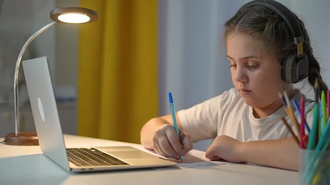 Child writing homework near laptop and books. Learning with headphones helps child stay focused. Student works quietly at night desk. Modern child learning method using laptop and handwriting - Powered by Adobe